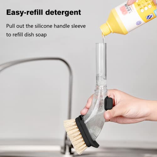 DAPOWER Dish Brush with Handle, Dish Scrubber with Soap Dispenser, Kitchen Scrub Brush for Dishes Pots Pans Sink Cleaning, 4 Replaceable Brush Heads (Black) - Image 6