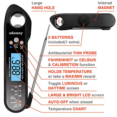 Juseepo Instant Read Waterproof Meat Thermometer - 2s Instant Read Ultra Fast Cooking Thermometer with Backlight & Calibration.Best Kitchen Food Thermometer for Cooking, Outdoor Grill and BBQ(Black) - Image 5