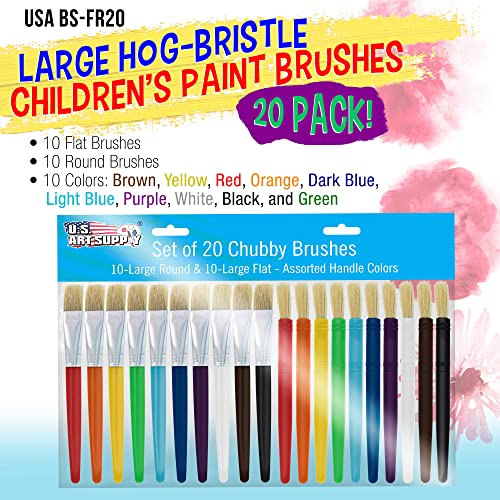 U.S. Art Supply 20-Piece Large Round and Flat Children's Hog Bristle Tempera Paint Brush Set - Fun Kid's Party, School, Student, Class Craft Painting - Beginners Starter Artist Painting Brush Kit - Image 5