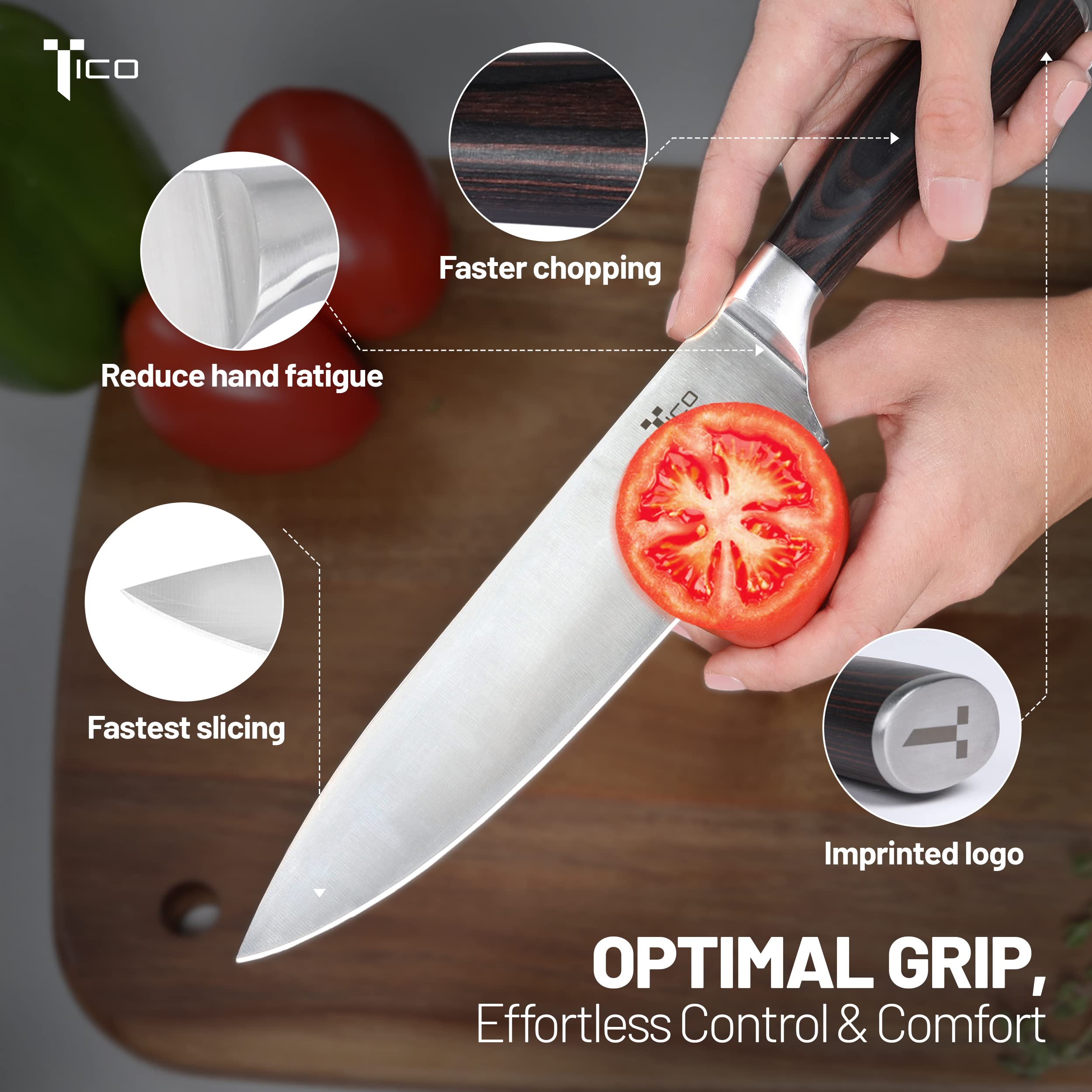 TICO Ultra Sharp 8 inch Chef's Knife - German Carbon Steel Blade, Ergonomic Pakka Wood Handle - Professional Kitchen Knife for Chopping, Cutting, Thinly Slicing Meats & Vegetables - Image 4